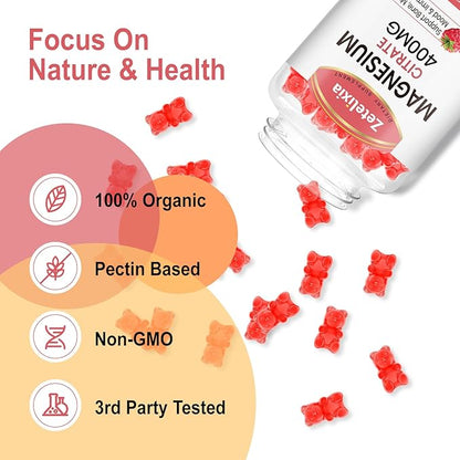 Magnesium Citrate Gummies 400MG, High Absorption Magnesium Gummies for Adults, Muscle & Teeth Support, Vegan 60 Cts