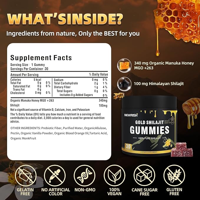 Shilajit Gummies Manuka Honey Lemon Flavor Himalayan shilajit No Added Sugar Ashwagandha, Gokshura| Fulvic Acid & 85+ Trace Minerals for Men, Women I Non-GMO 100% Natural & Organic I 30 Gummy