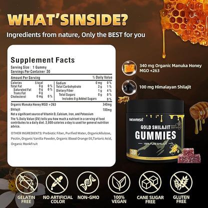 Shilajit Gummies Manuka Honey Lemon Flavor Himalayan shilajit No Added Sugar Ashwagandha, Gokshura| Fulvic Acid & 85+ Trace Minerals for Men, Women I Non-GMO 100% Natural & Organic I 30 Gummy