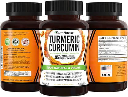 Turmeric Curcumin with BioPerine Black Pepper & 95% Curcuminoids, 1965mg, Maximum Absorption for Joint Support, Non-GMO Turmeric Capsules, Made in USA - 90 Veg Caps
