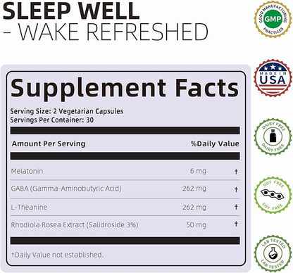 4 in 1 Sleep Aid for Adults, Melatonin 6mg with Rhodiola Rosea, GABA 250 mg, L Theanine 250mg, Relaxation and Sleep Supplement, 60 Capsules