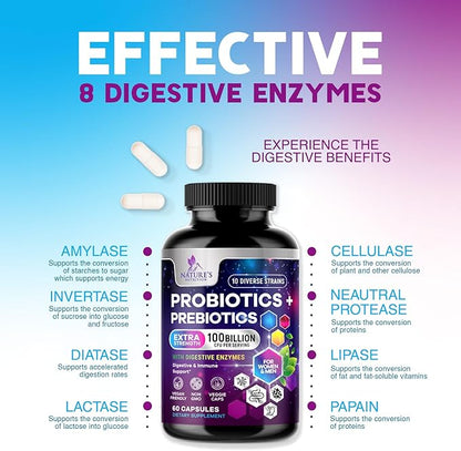 Probiotics 100 Billion CFU Per Serving - 10 Probiotic Strains & Prebiotics - Digestive Gut Health, Immune Support & Occasional Constipation, Gas & Bloating - Daily Supplement For Adults - 60 Capsules