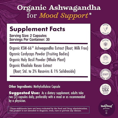 Organic Mood Pills - 60 Capsules Organic Ashwagandha Supplements for Women and Men, Ashwagandha Root Capsules with Cordyceps, Holy Basil & Rhodiola, Reduce Stress, Boosts Mood and Cognitive Function