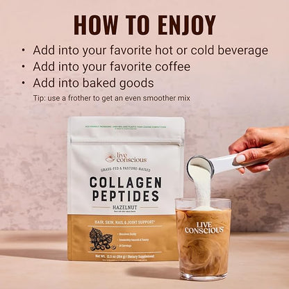Live Conscious Collagen Peptides Powder - Hazelnut Collagen Powder - Hair, Skin, Nail, & Joint Support - Type I & III Grass-Fed Collagen Supplements for Women and Men - 30 Servings (2-Pack) - 12.4oz