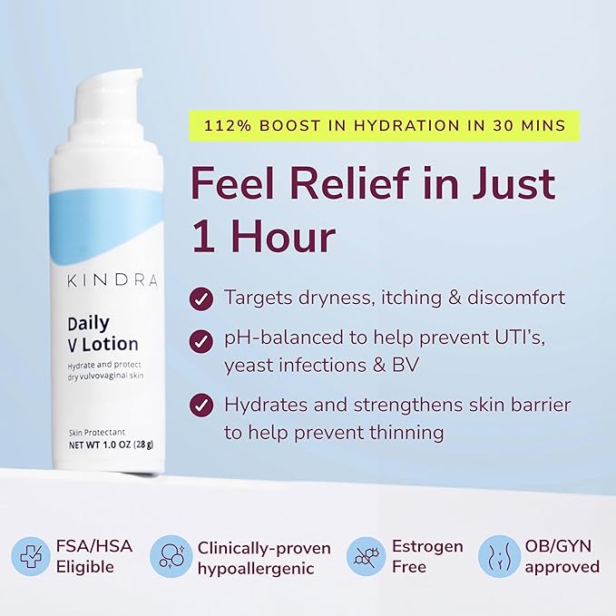 Kindra Daily V Vaginal Moisturizer Lotion - OBGYN Recommended for Dryness & Itch, with Hyaluronic Acid, Prevents Infection & Odor - Estrogen-Free Cream, pH-Balanced Feminine Care - 60 Applications