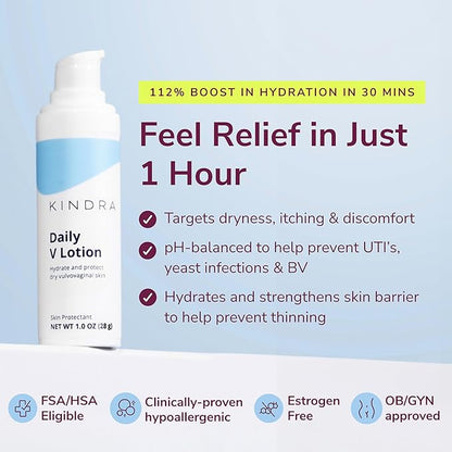 Kindra Daily V Vaginal Moisturizer Lotion - OBGYN Recommended for Dryness & Itch, with Hyaluronic Acid, Prevents Infection & Odor - Estrogen-Free Cream, pH-Balanced Feminine Care - 60 Applications