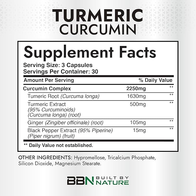 Built by Nature Turmeric Curcumin 2250mg – 95% Curcuminoids with Ginger & Black Pepper for High Absorption – Extra Strength Joint Support – Non-GMO, Vegan - 90 Capsules