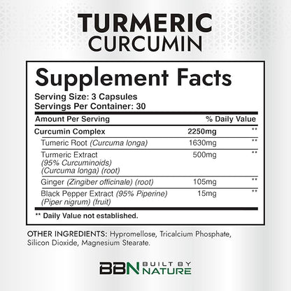 Built by Nature Turmeric Curcumin 2250mg – 95% Curcuminoids with Ginger & Black Pepper for High Absorption – Extra Strength Joint Support – Non-GMO, Vegan - 90 Capsules