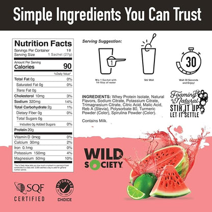 WILD SOCIETY - Clear Protein Powder + Electrolytes - 20g Clear Whey Protein Isolate Drink - Zero Sugar - 0g Lactose - Natural Ingredients - Travel Pack - 10x Singe Serves - Watermelon Lime