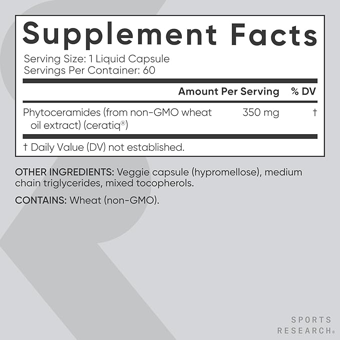Sports Research® Phytoceramides 350 mg per Veggie Capsule - Plant Derived Ceramides for Healthy Skin and Hydration - Made with Ceratiq® · Non-GMO · Vegan Friendly - 60 Count