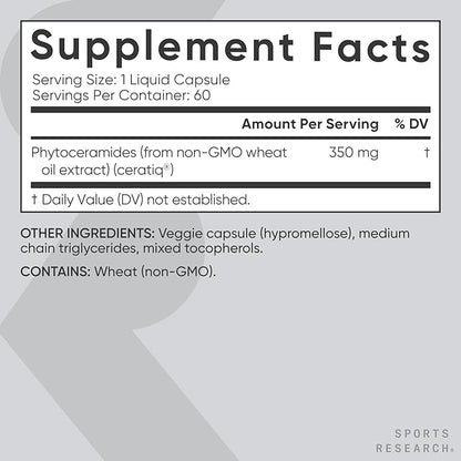 Sports Research® Phytoceramides 350 mg per Veggie Capsule - Plant Derived Ceramides for Healthy Skin and Hydration - Made with Ceratiq® · Non-GMO · Vegan Friendly - 60 Count