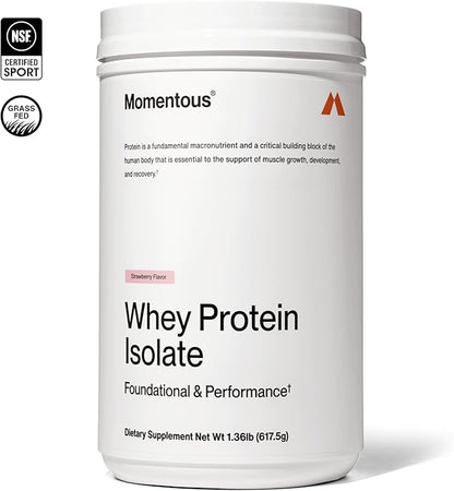 Momentous Essential Grass-Fed Whey Protein Powder - 20 g Whey Isolate Protein - NSF Certified for Sport - Gluten-Free - 25 Servings for Essential Everyday Use - Strawberry - Package May Vary