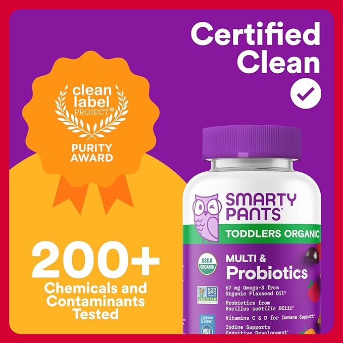 SmartyPants Organic Toddler Multivitamin Gummies: Probiotics, Omega 3 (ALA), Vitamin D3, C, Vitamin B12, B6, A, K & Zinc, Beta Carotene, Gluten Free, Three Fruit Flavors, 60 Count (30 Day Supply)