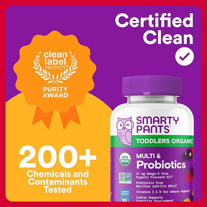 SmartyPants Organic Toddler Multivitamin Gummies: Probiotics, Omega 3 (ALA), Vitamin D3, C, Vitamin B12, B6, A, K & Zinc, Beta Carotene, Gluten Free, Three Fruit Flavors, 60 Count (30 Day Supply)