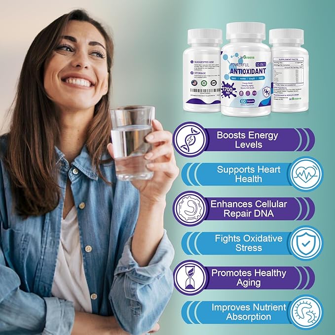 10-in-1 Antioxidants Supplement, 1700MG Super Antioxidant for Women and Men, Powerful Antioxidants with NAD, NMNH,Coq10, Resveratrol, Cell Repair & Reducing Free Radical Damage, 60 Capsules