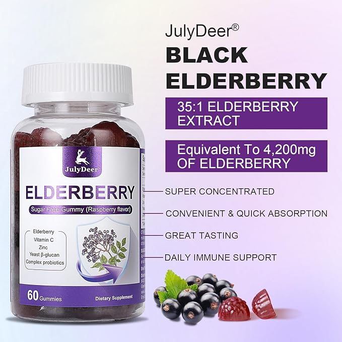 120 Gummies Sambucus Elderberry Gummies - Immune Support for Adults and kids 4+ 5 in 1 with Vitamin C, Zinc, Yeast β-glucan, Probiotics Complex, Nature Elderberry Supplement, Non-GMO, Gluten Free
