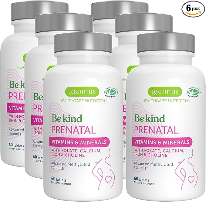Igennus Methylated Prenatal Multivitamin for Women, Folate for MTHFR, High Absorption, Pure & Clean, Gentle Iron, Choline, Calcium & Magnesium, Vegan Pregnancy Vitamins, Halal, Non-GMO, 60 Tablets x 6