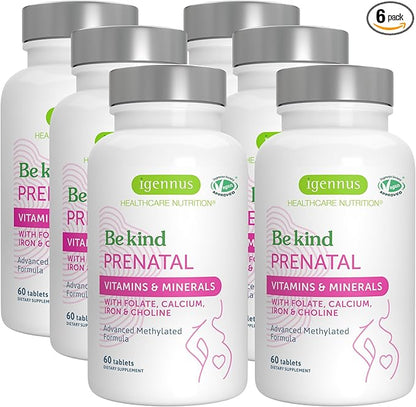Igennus Methylated Prenatal Multivitamin for Women, Folate for MTHFR, High Absorption, Pure & Clean, Gentle Iron, Choline, Calcium & Magnesium, Vegan Pregnancy Vitamins, Halal, Non-GMO, 60 Tablets x 6