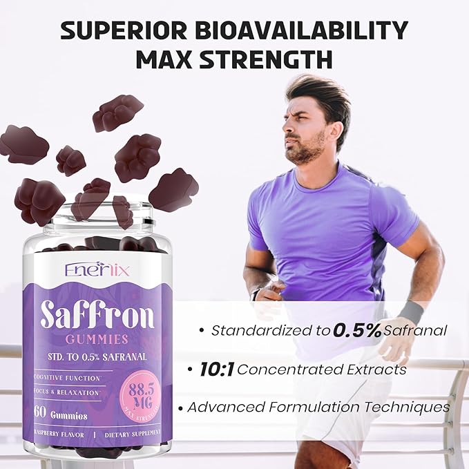 Saffron Gummies 88.5 mg with Magnesium, Max Strength Saffron Supplements with St. John’s Wort, GABA, Rhodiola, Rosemary & Passion Flower Extracts for Mood, Focus - 60 Servings