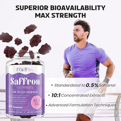 Saffron Gummies 88.5 mg with Magnesium, Max Strength Saffron Supplements with St. John’s Wort, GABA, Rhodiola, Rosemary & Passion Flower Extracts for Mood, Focus - 60 Servings