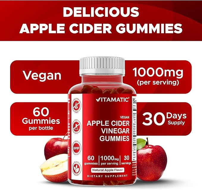 Vitamatic Apple Cider Vinegar Gummies - 1000mg per Serving - 60 Vegan Gummies - ACV Gummies for Detox, Weight Loss Support, Energy Boost, Digestion & Gut Health