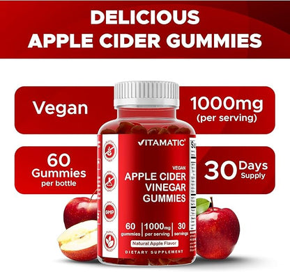 Vitamatic Apple Cider Vinegar Gummies - 1000mg per Serving - 60 Vegan Gummies - ACV Gummies for Detox, Weight Loss Support, Energy Boost, Digestion & Gut Health