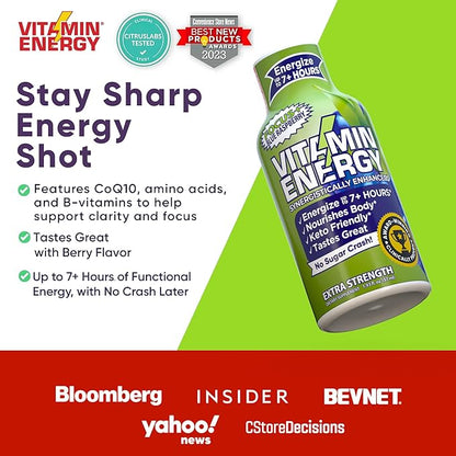 Vitamin Energy Focus+ Extra Strength Energy Shot Blue Raspberry 8 Pack, 260mg Natural Caffeine, B-Vitamins, CoQ10, Amino Acids, Focus, Productivity & Clarity, Zero Sugar, Gluten-Free, 1.93 fl oz