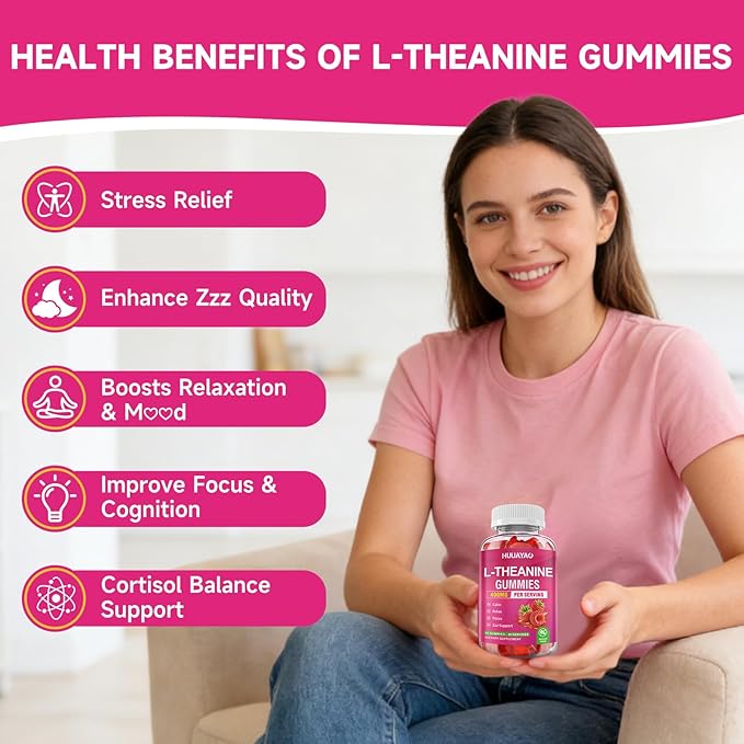 L-Theanine Gummies 400mg, L-Theanine Supplement for Kids & Adults with Ashwagandha, GABA, 5HTP for Calm, Zzz & Relaxation Support, Raspberry Flavor, 60 Counts