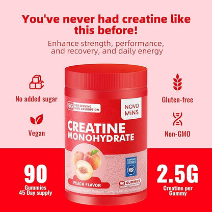 novomins Creatine Monohydrate Gummies for Men & Women, Chewables Creatine Monohydrate for Muscle Strength, Muscle Builder, Energy Boost, Pre-Workout Supplement-90 Peach