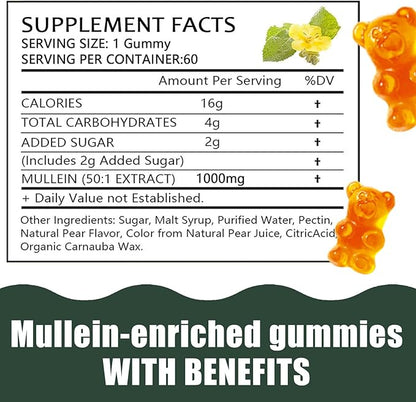 Mullein Gummies, Daily Respiratory Health Gummies,1000mg Mullein Leaf herb Extract, Pear Flavor, Lung Health & Sinus Relief (30 Day Supply)