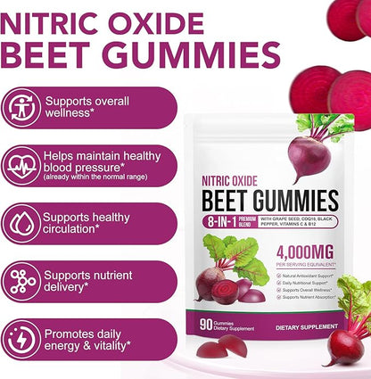 Beet Root Gummies Enriched with 200mg CoQ10 & Beet Root Extract for Blood Pressure, Heart Health Support, Energy Level Suport, Promoting Nitric Oxide, W/ Vitamin B12, C, Sugar-Free | 90 Chews