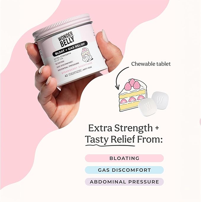 Wonderbelly Bloat + Gas Relief, Extra Strength Chewable Tablets, with 125 mg Simethicone, No Talc or Dye, Strawberry Shortcake, 42 Count