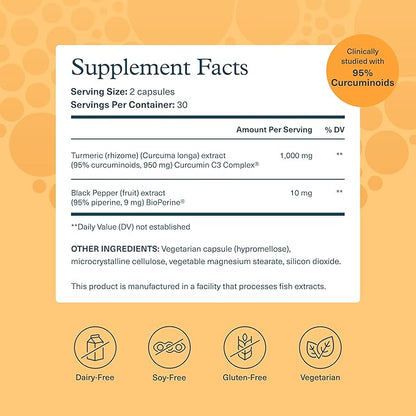 Youtheory Turmeric Extra Strength - 1,000 mg - Supports Brain, Muscle & Joint Health* - Contains Bioenhancers, Curcuminoids & Herbal Extracts - USP Verified - 60 Vegetarian Capsules (30-Day Supply)