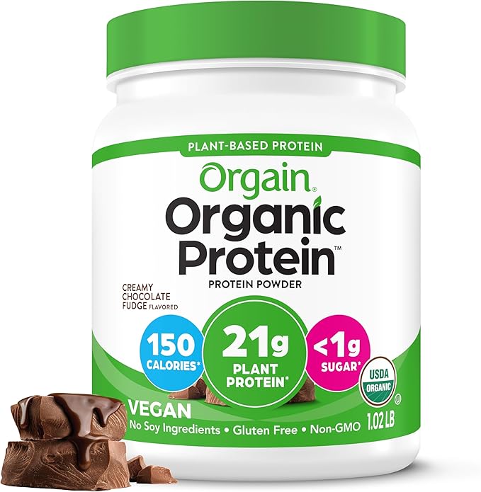 Orgain Organic Vegan Protein Powder, Creamy Chocolate Fudge - 21g Plant Protein, 7g Prebiotic Fiber, Low Net Carb, No Lactose Ingredients, No Added Sugar, Non-GMO, For Shakes & Smoothies, 1.02 lb
