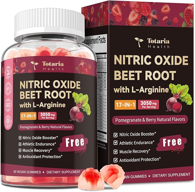 Totaria Beet Root Gummies - Beetroot Supplement with Grape Seed, Pomegranate, Vitamin C, B12 & B3 - Nitric Oxide Gummies for Heart, Energy, Muscle & Circulation Support Vegan, Non-GMO, Sugar Free