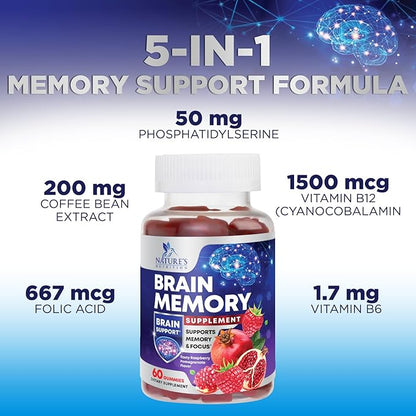 Brain Supplements for Memory & Focus Gummies - Brain Health Clarity with B6 B12 & Phosphatidylserine - Natural Nootropics Cognitive Concentration & Alertness Support Vitamins - 60 Vegan Gummies