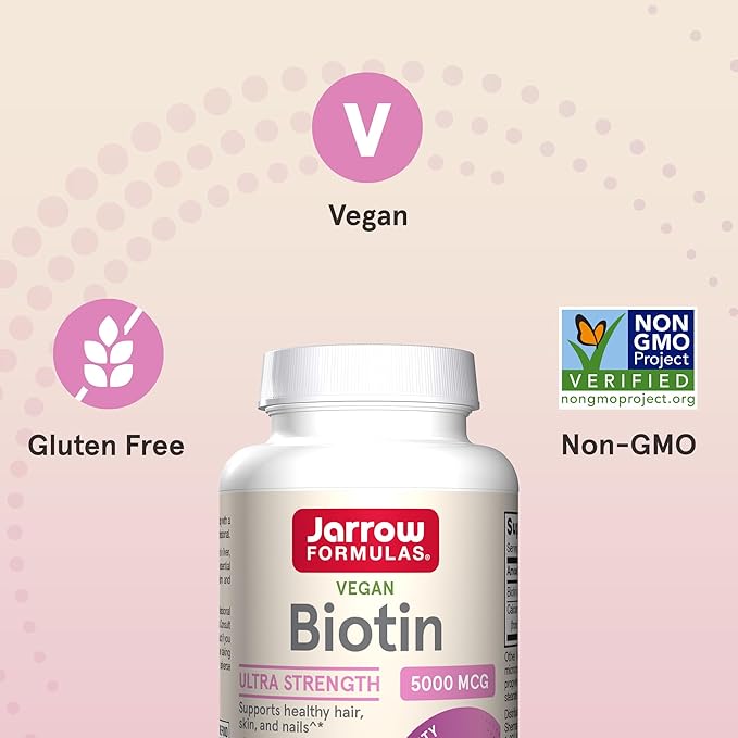 Jarrow Formulas® Biotin Ultra Strength 5000 mcg, Dietary Supplement, Hair, Skin, and Nails Support, 100 Veggie Capsules, Up to 100 Day Supply