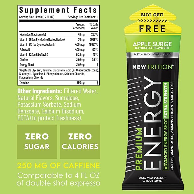 NewTrition® Extra Strength Energy Shots, 1.7 fl oz - 250mg Caffeine with Vitamin B & Amino Acids, Sugar-Free, Zero Calorie Vitamin Energy Drink for Focus & Endurance (Pack of 6, Apple Surge)