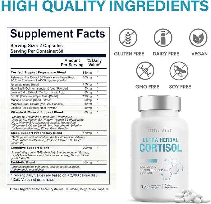 Cortisol Supplements for Women and Men, 120 Count Cortisol Reducer with Ashwagandha, Support Hormone Balance, Stress & Sleep