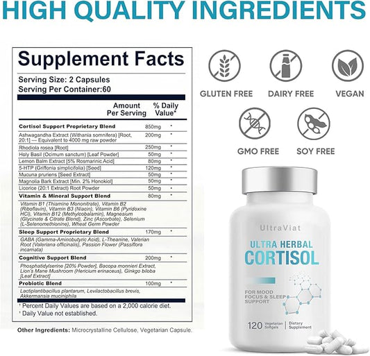 Cortisol Supplements for Women and Men, 120 Count Cortisol Reducer with Ashwagandha, Support Hormone Balance, Stress & Sleep