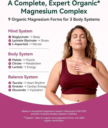 9-in-1 Magnesium Complex, 300mg Magnesium from 9 Organic Forms, Glycinate, Citrate, Malate, High Absorption for Sleep & Relaxation, Energy & Muscle Support, 90 Capsules