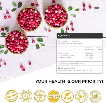 Urinary Tract Infection Treatments D Mannose 1000mg Capsules - Potent D-Mannose & Cranberry Pills with Hibiscus Extract - Healthy Bladder Control, Strength Urinary Tract Support (120 Capsules)