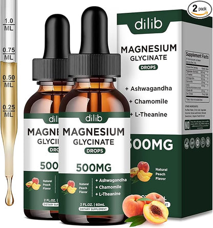Magnesium Glycinate Liquid Drops Supplement, with Magnesium Glycinate 500mg Ashwagandha, L - Theanine, Chamomile -Support Stress Relief, Bone, Muscle, Mood Peach Flavor 2Pack