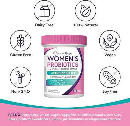 Doctor's Recipes Probiotics for Women, Organic Prebiotics and Probiotics, 70 Billion CFU, 10 Strains, Shelf Stable, 30 Capsules