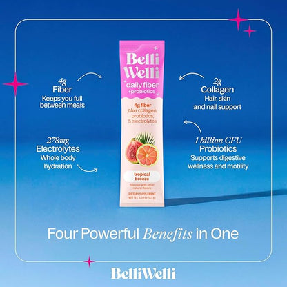 Belli Welli Fiber Supplement, Probiotics Fiber Powder Travel Pack for Women with Collagen & Electrolytes for Daily Gut Health & Debloating, Tropical Breeze, 10 Packets