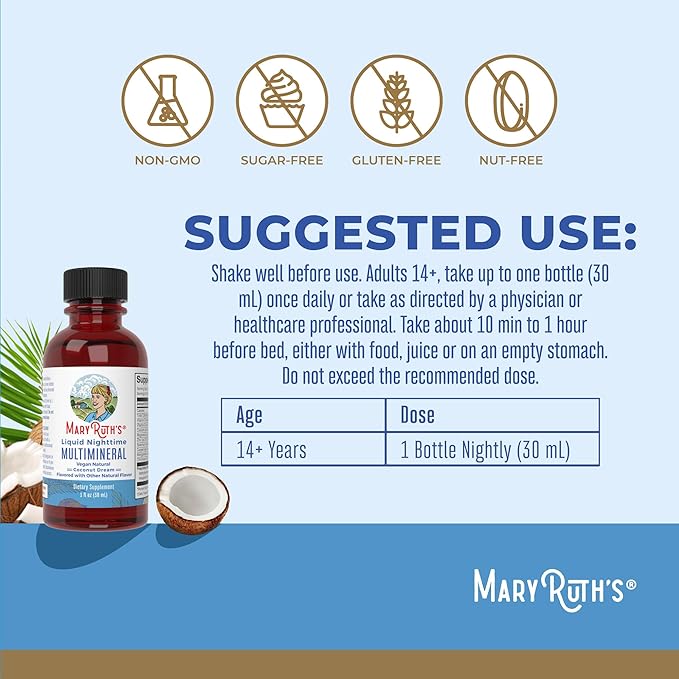 MaryRuth's Liquid Nighttime Multimineral Travel Pack | NO Melatonin | Bedtime Routine | Magnesium Citrate | Calcium | Zinc | Vitamin D3 | Vegan | Sugar Free | Gluten Free | 1 Oz | 8 Servings