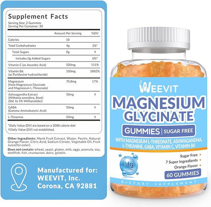 Sugar-Free Magnesium Glycinate Gummies with L-Threonate, Magnesium Supplements for Women and Men with Ashwagandha, L-Theanine, GABA, Vitamin C, B6