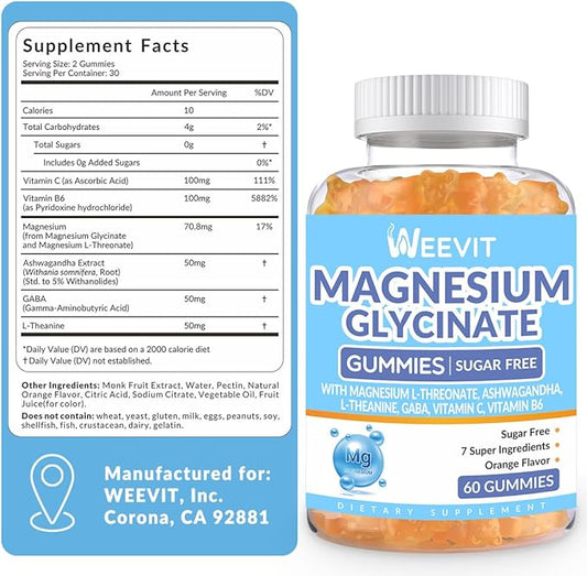 Magnesium Glycinate Gummies, Magnesium Glycinate with L-Threonate, Ashwagandha, L-Theanine, Magnesium Supplements for Women & Men