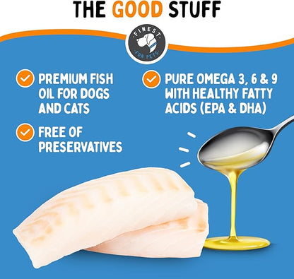 100% Pure Fish Oil for Dogs & Cats (1,545mg Omega 3 per Teaspoon) 16oz. Loaded with EPA & DHA for Joints, Skin & Coat, Itching, Heart & Immune Health. Stronger Than Salmon Oil. Unflavored Omegease.