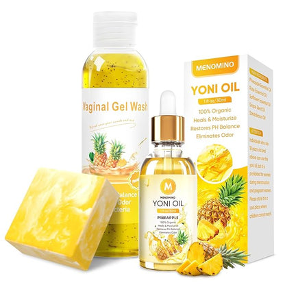 Feminine Wash & Yoni Soap Bar & Yoni Oil for Women pH Balance, Pineapple Yoni Wash for Moisturizing Remove Odor, 5.07 Fl.Oz Feminine Wash 1 Fl.Oz Feminine Oil & 3.53oz Yoni Bar